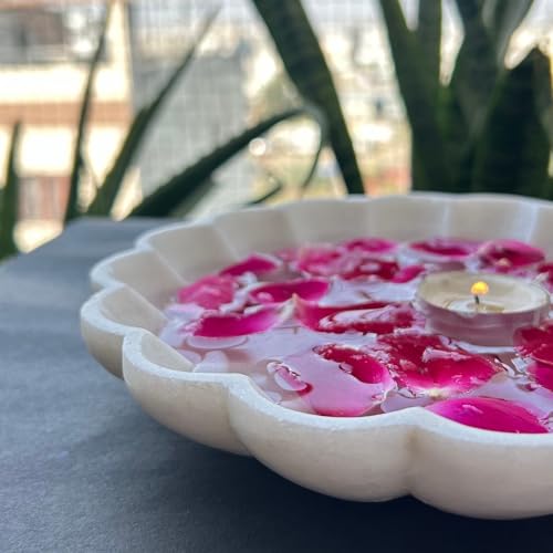 Image of Marble Urli Bowl for Decoration | Big Potpourri Decorative Bowls in Home decor | Large White Floating Flower Plates of Stone | Small Shape puja Item (9 inch, Daisy Burst)