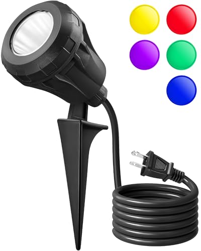 SURAIELEC Outdoor Spotlight 800 LM Ultra Bright LED Spot Light with 5 Extra Lens (Red Green Blue Yellow Purple) Plug in Landscape Lighting for Yard Trees Flags 5 FT Extension Cord ETL Listed