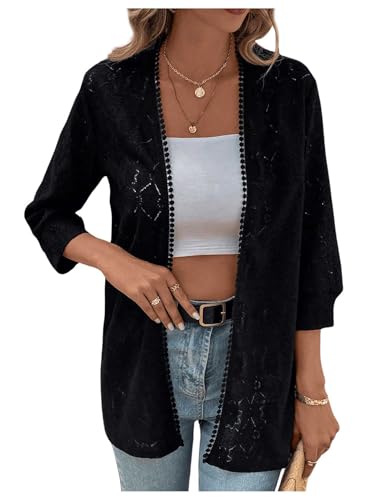 Image of MakeMeChic Women's Open Front Cardigan Sweater Hollow Out 3 /4 Sleeve Cardigan Black Small