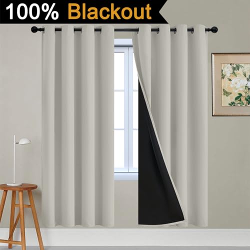 Image of Yakamok Cream Beige 100% Blackout Curtains 72 Inches Long 52 inch Wide 2 Panels | Blackout Curtain Panels for Bedroom, 2 Thick Layers Grommet Top Thermal Insulated Drapes with Black Liner for Living Room