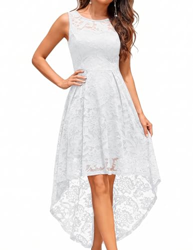 MUADRESS Vintage White Wedding Guest Dress Tank Strap Floral Lace Hi-Lo Cocktail Dresses for Party, White, S
