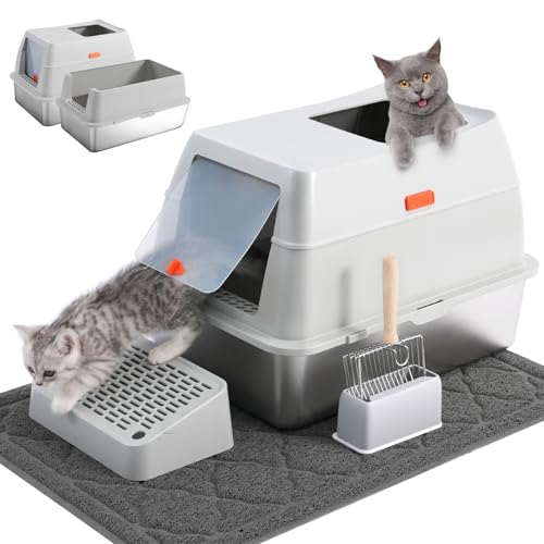 Stainless Steel Cat Litter Box,4-in-1 Cat Metal Litter Box Set, Extra Large Top Entry Litter Box Enclosed, with Cat Litter Mat, Litter Scoop，Light Grey