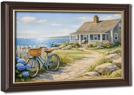 Coastal Retreat Cottage Canvas Wall Art Seaside Bicycle and Blue ...