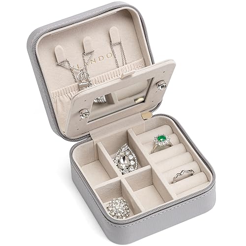 Vlando Small Travel Jewelry Box Organizer - Display Case for Girls Women Gift Rings Earrings Necklaces Storage with Mirror Grey Grey S 1