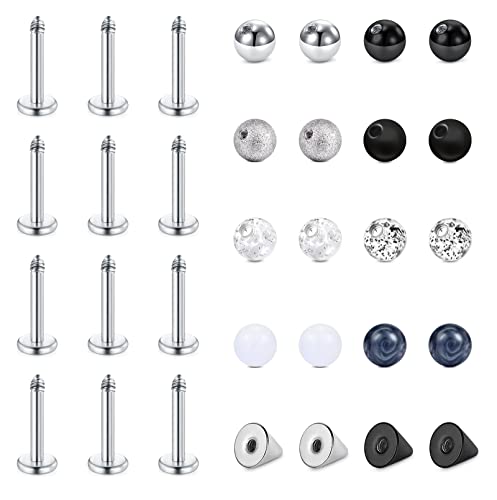 Funseedrr 32stk Piercing Kugeln Stecker Stab Set Ersatzstab Ersatzkugeln für Lippenpiercing Labret Tragus Helix Piercing Chirurgenstahl 16G 6mm 8mm 3mm Cover
