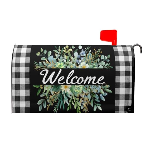 Image of Spring Summer Wreath Buffalo Plaid Mailbox Covers Magnetic Standard Size 21x18 in Welcome Green Wreath Mailbox Cover Leaves Mailbox Wraps Spring Farmhouse Letter Box Covers for Garden Outdoor Decor