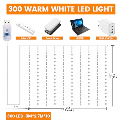sukaudiz Guirlande Lumineuse, Rideau Lumineux de Noël 3M x 3M-300 LED, 8 Modes de Gradation, Étanchéité IP65, Fonction Minuterie, Convient pour la Décoration de Noël, les Mariages et les Fêtes – vue 5