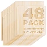 Basswood Sheets 12'x12'x1/8',3mm Basswood for Laser Cutting,Thin Plywood Board Unfinished Wood for Crafts, DIY Architectural Models Making, Wood Engraving (12inchx12inch-1/8-48Packs)