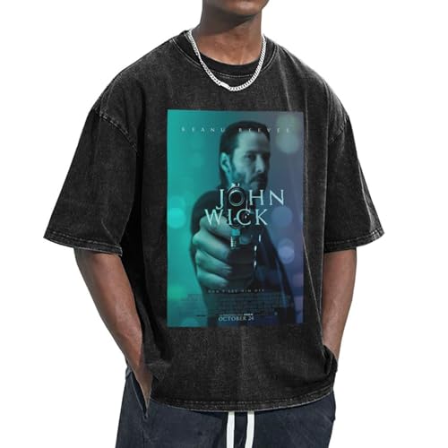 [Auzxnewot] ジョンウィック 映画ポスター T シャツ コットン 半袖 夏服 レトロ クルーネック ドロップショルダー スポーツ風 ルーズ 男女兼用 柔らかい 快適 トップス 2XL