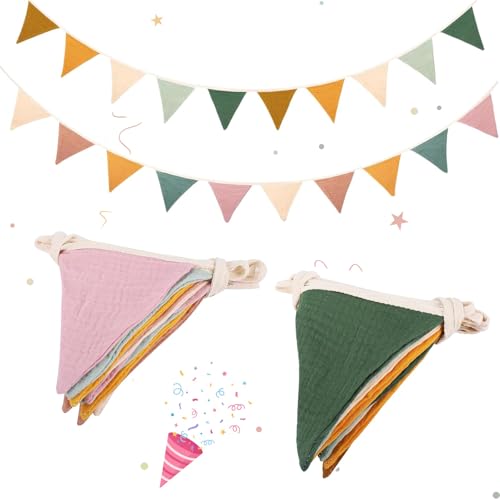 Jortmrd 2 Piezas 2,6m Guirnalda de Banderines para Habitación Infantil Cadena de Banderines de Tela Banderine de Fiesta Banderine Triangulares Decoración de Fiesta de Cumpleaños (Morandi Verde/Beige)