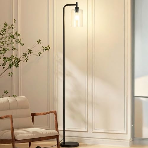 169cm 65in Industrial Floor Lamp with Hanging Clear Glass Shade, Weighted Metal Base & Foot Switch, Black, Gold, Silver Standing Light AU Plug for Living Room, Bedroom and Office