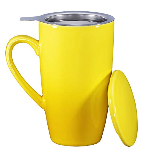 Bruntmor 16 Oz Porcelin Ceramic Mug With Tea Infuser And Lid, Loose Leaf Tea Cup, Gift For Tea Lovers, Large Mug For Office And Travel, Gift For Christmas, Coffee Mug With Lid, Yellow #TOP3