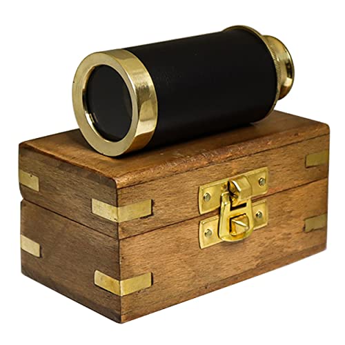 Handheld Brass Antique Telescope Spyglass with Wooden Box - Pirate Navigation 6 inch