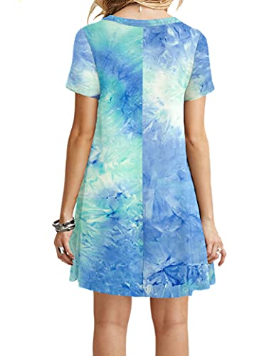 MOLERANI Women's Casual Plain Simple T-Shirt Loose Dress(Dyed Blue Green White,3XL)