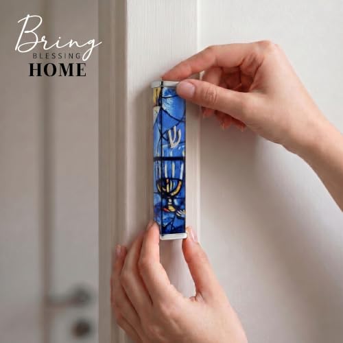 Image of SURI Mezuzah with Scroll for Door | 4 Inch Modern Aluminum Mezuzah Case | Fits 3 Inch Scroll | Gold & Silver Chagall-Inspired Design | Self Adhesive Easy Install | Judaica Jewish Gift