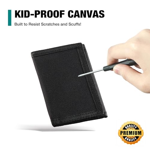 Image of Kids Wallets for Boys & Girls, Black Canvas Wallet with Coin Pocket & Magic Sticker for Toddlers & Teens