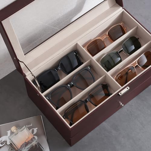 Image of ProCase 12 Slots Sunglasses Organizer, 2 Layer Sunglass Case, Leather Eyeglass Cases for Display and Storage -Brown