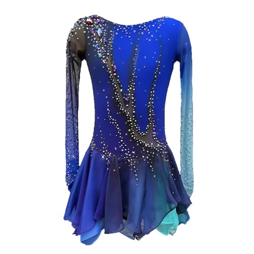 Women's Long Sleeve Figure Skating Dress for Competitions and Performance, Girl's Elegant Ice Skating Dress(Medium) Blue