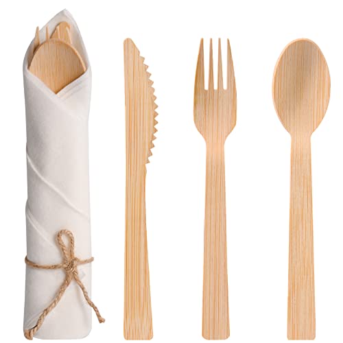Pre Rolled Napkin and Bamboo Cutlery Set 30Pack Bamboo Utensils