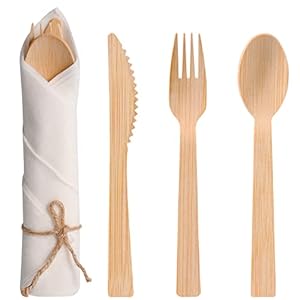 Pre Rolled Napkin and Bamboo Cutlery Set – 30Pack Bamboo Utensils/Cutlery Set(30 Forks, 30 Knives, 30 Spoons, 30 Napkins), Biodegradable Wrapped Cutlery for Party, Banquet, Wedding