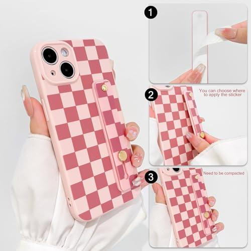 NITITOP Compatible with iPhone 15 Plus Case with Wrist Strap Kickstand Cute Trendy Checkerboard Plaid for Women Girls Slim Fit TPU Silicone Shockproof Full Camera Protective Cover - Pink by NITITOP - Used condition - Image 2