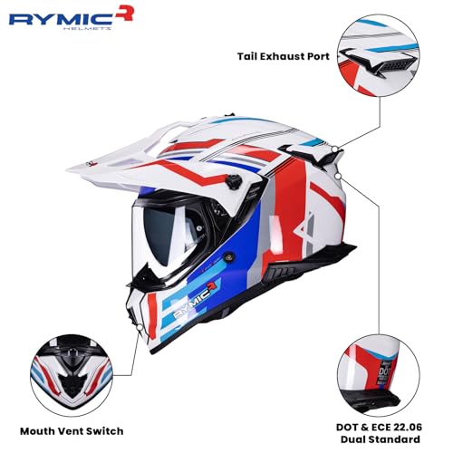 RYMIC X60 Dual Sport Helmet, Adventure Motorcycle Helmet with Integrated Sun Visor - Off Road Dirt Bike Snowmobile Helmets for Adult DOT & ECE 22.06 Approved (Vermilion & Cobalt Pathfinder, L) by RYMIC - Image 5