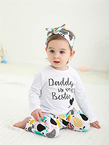 KuKitty 3Pcs Baby Girl Outfits Set Daddy is My Bestie Long Sleeve T-Shirt Tops Printed Pants with Headband (6-9 Months)