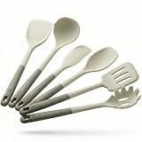 Nexhank Silicone Kitchen Utensils Set, 6-Piece NON-PLASTIC 500°F Heat-Resistant BPA-Free Dishwasher Safe Cooking Tools with Upgraded Spatula,Turner Ladle Skimmer Pasta Fork Scraper, Cream White &Mocha