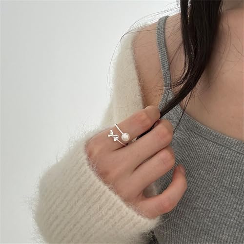 Pearl Bow Open Ring for Women Round Bead Pearls Ribbon Knot Stacking Finger Band Adjustable Dainty Statement Promise Rings Jewelry3