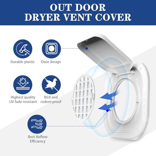 Dryer Vent Cover Outdoor 4 inch, Dryer Vent Cover Outside Exterior Wall Air Vent for House, Dryer Vent Airflow Cover with Lint Collecting Screen, White