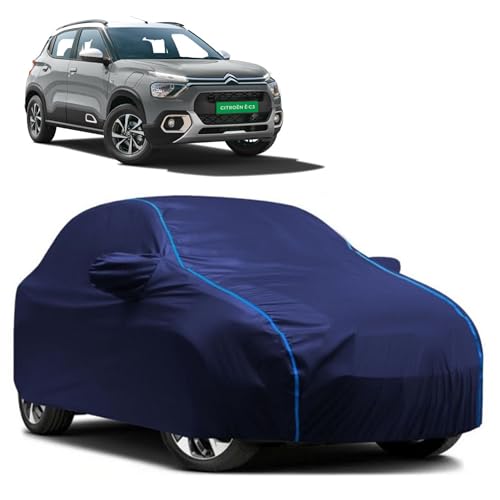 Image of Kerwa Car Body Cover Waterproof with Citroen EC3, Dust & UV Resistant All-Weather Proof Full Body Cover, Blue with Blue Lining, Triple Stitch Elasticated Bottom with Mirror Pocket