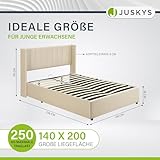 Juskys Polsterbett Savona 140x200 cm, Bett mit Stauraum, Lattenrost, Samt-Bezug, Bettgestell aus Holz, bis 250 kg, großes Kopfteil, Beige
