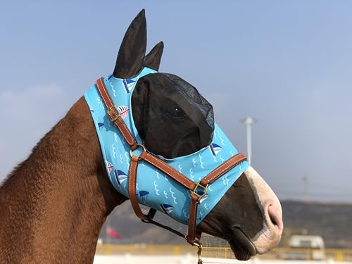 TGW Riding Super Fit Pferdefliegenmaske Pferde Fliegenmaske Horse Fly Mask (Sky Blue, L)