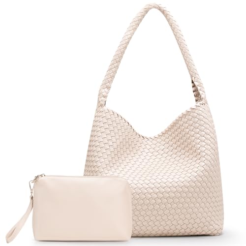 Woven Tote Bag for Women with Purse, Large Fashion Shoulder Hobo Underarm Bags,Woven Purse,Vegan Leather Shoulder Handbags(beige)