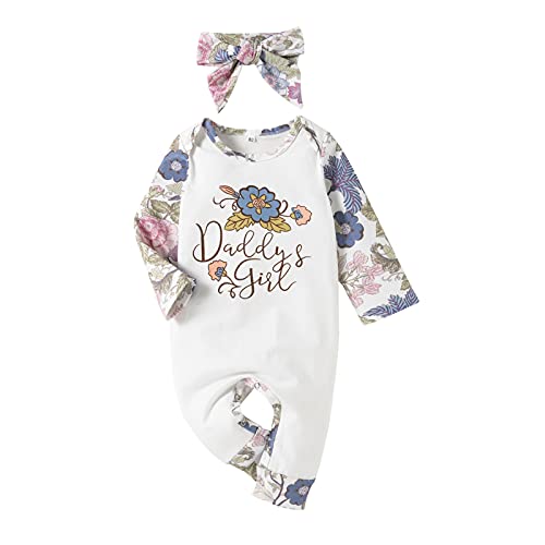 Baby Clothes Infant Girl White Floral Long Sleeve Letter Bodysuit Headband Fall Clothing set 2PCS 6-9 Months