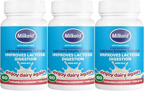 3 X 60 Tablets - Milkaid Lactase Enzyme Chewable Tablets for Lactose Intolerance Relief | Prevents Gas, Bloating & Diarrhoea | Fast Acting Dairy Digestive Supplement | Gluten Free & Vegan. (3 Packs)
