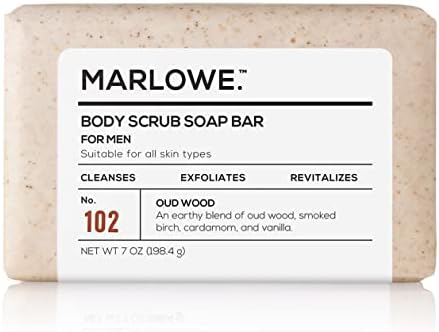 Marlowe. No. 102 Men's Body Scrub Soap 7 oz | Earthy Oud Wood Scent | Best Exfoliating Bar for Men | Made with Natural Ingredients | Green Tea Extract | Updated Scent