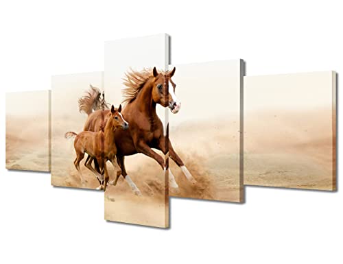 Toile murale chevaux puissants tableau triptyque 5 pièces évasion désert