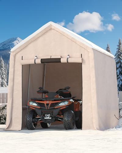10x10FT Outdoor Portable Storage Shed with Roll-Up Door & Vent, 240G Heavy-Duty Shelter Waterproof PE Tarp, UV-Resistant Storage Sheds for Motorcycle, Firewood, Garden and Tools, Khaki