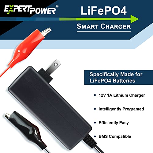 ExpertPower 12V 1A Smart Charger for Lithium LiFePO4 Deep Cycle Rechargeable Batteries | DC 5521 Male & Alligator Clips | Kids Ride on Toy Car | Best Choice, Wrangler SUV, Dynacraft - Thumbnail 3