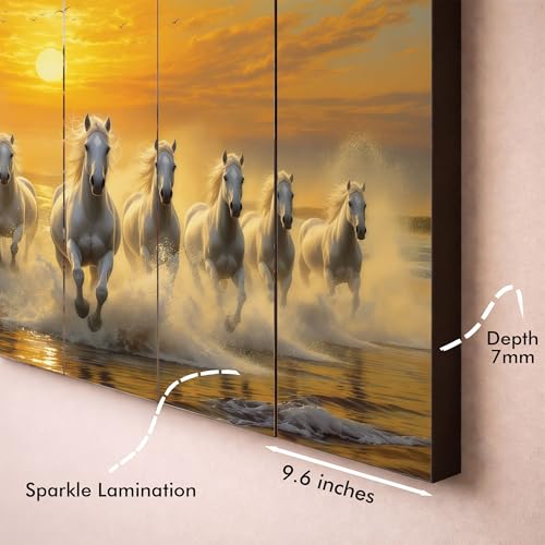 Image of The Castle Decor Running Horses with Rising Sun Vastu Painting | Wooden Frame Multi-Panel Wall Art for Living Room (Multi Color - Design 6, 27x48 Inch)
