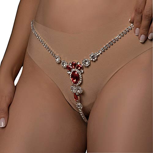Sexy Red Rhinestone Panties Thong Crystal Waist Belly Bikini Body Chain Jewelry Rhinestone Underwear G-String Chain For Women (Silver 1) #TOP1
