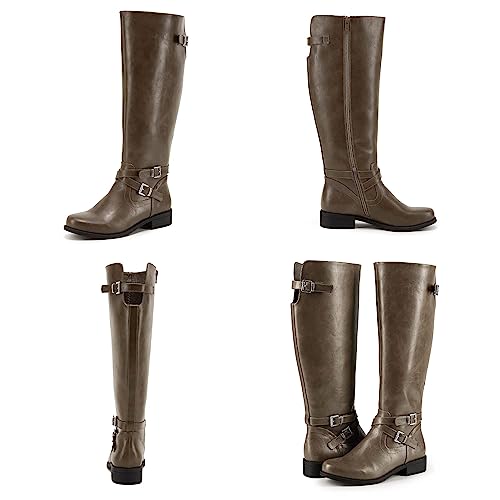 Ermonn Womens Knee High Boots Wide Calf Side-Zip Back Lace-Up Faux Leather Riding Combat Footwear #TOP1