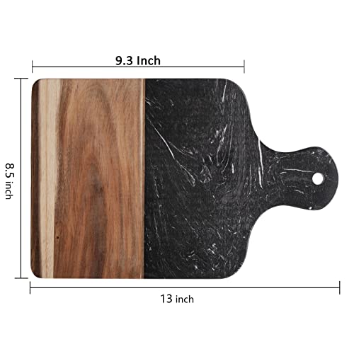 Tabla de cortar rectangular de mármol y madera Acacia negra con mango miniatura 2