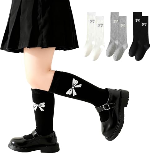 MWRDSM 3 Pairs Baby Knee High Socks Uniform Socks for Girls,Long Sock with Bow Toddler Infant Stockings 3-5T (US, Age, 3 Years, 5 Years, Black White Grey)