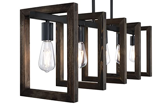 Doraimy Lighting 5 Light Rustic Farmhouse Natural Pine Wood Hanging Kitchen Island Chandelier Light Fixture With Black Metal Frame For Entryway Dinning Room Bedroom #TOP2