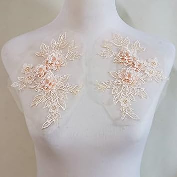 2 Pcs Colored 3D Flower Lace Applique Embroidered Material Trim for DIY Wedding Dress Veil Accessories Light Orange