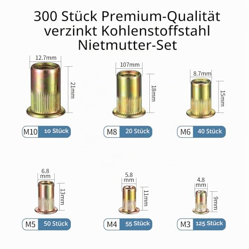 Foto von 300 verzinkte Nietmuttern aus Kohlenstoffstahl – M3/M4/M5/M6/M8/M10