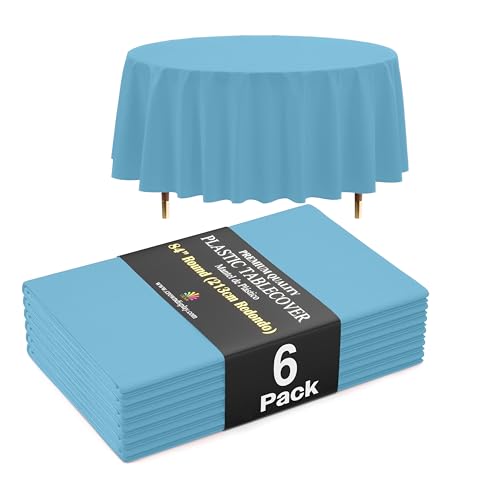 Image of Exquisite 66% Thicker Premium Sky Blue Round Tablecloth 0.5 Mil 6 Pack Plastic Table Cloth Disposable 84 Inch Round Plastic Tablecloth Won't Tear Easily Like Cheap Thin Brands