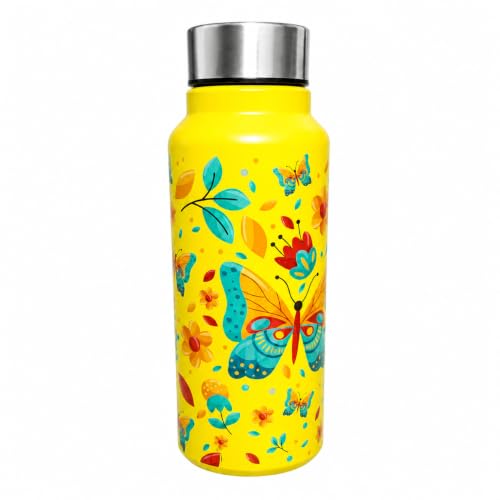 Image of Stainless Steel Water Bottle for School Office Travel | Printed Water Bottle | Drinking Bottle for Home Gym College | Stylish Bottle for Daily Use Picnic & Gifting (Yellow with Butterfly)